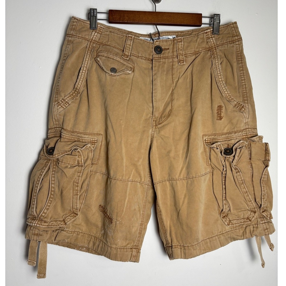 American Eagle Mens Cargo Shorts 32 Tan Classic Length Distressed Cotton Y2K